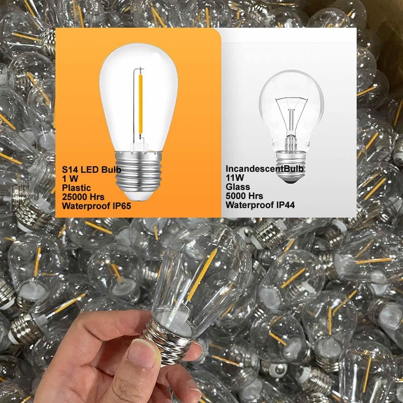 NUYA 25-Pack LED 1W String Light Bulbs, S14 Plastic Shatterproof Edison Vintage Style Replacement 1 Watt Outdoor 2200K, Waterproof, Warm White Equivalent to 11w, e26 Base