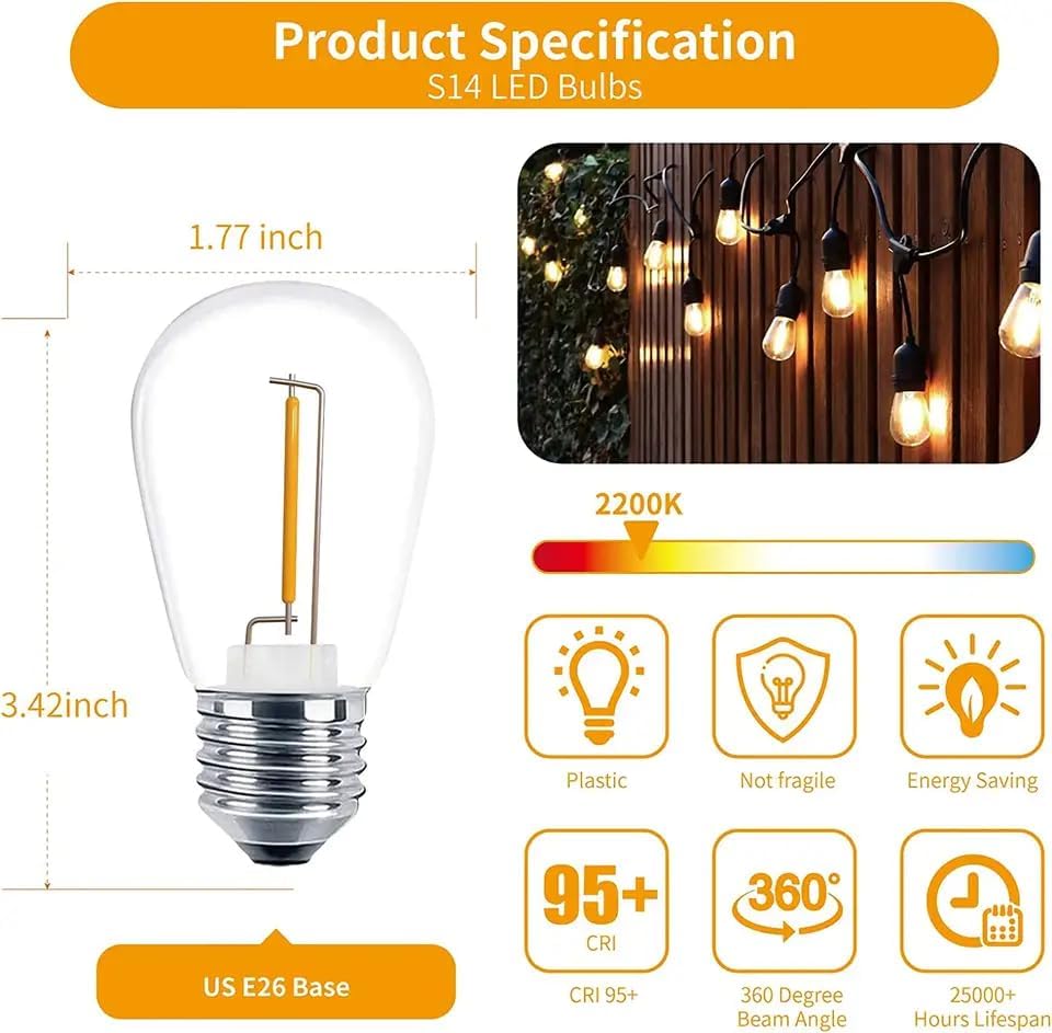 NUYA 15-Pack LED 1W String Light Bulbs, S14 Plastic Shatterproof Edison Vintage Style Replacement 1 Watt Outdoor 2200K, Waterproof, Warm White Equivalent to 11w, e26 Base