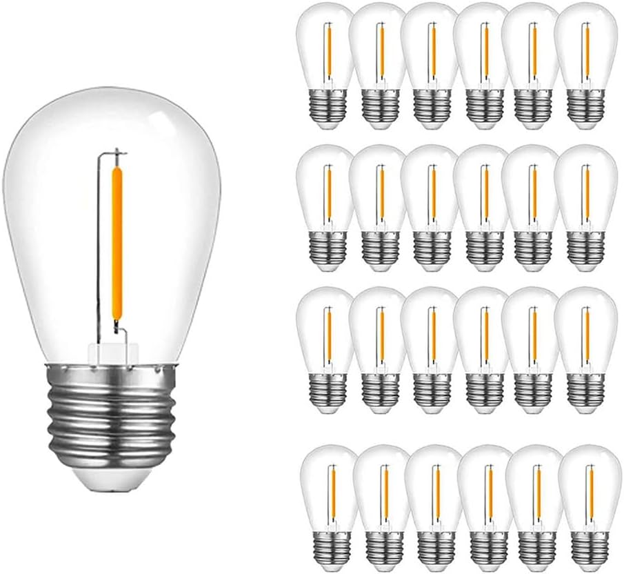 NUYA 25-Pack LED 1W String Light Bulbs, S14 Plastic Shatterproof Edison Vintage Style Replacement 1 Watt Outdoor 2200K, Waterproof, Warm White Equivalent to 11w, e26 Base